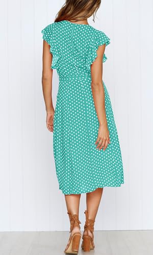 MITILLY Women's Boho Polka Dot Flutter Short Sleeve V Neck Button Down Swing Midi Dress with Pockets - color: 12 Lake Green, size: Large