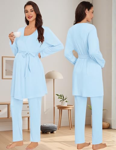SWOMOG Maternity Pajamas Set 3 PCS Nusing Pajamas Labor and Delivery Gown & Camisole & Pants Postpartum Pjs - color: Lights Blue, size: Medium