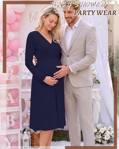 Locoowai Maternity Wrap Long Sleeve Dress V Neck Fall Dress - color: Navy Blue, size: Small