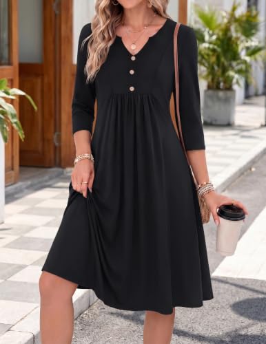 Zeagoo Womens Dresses 3/4 Sleeve Casual Fall A Line Midi Dress with Pockets - color: Black, size: Large