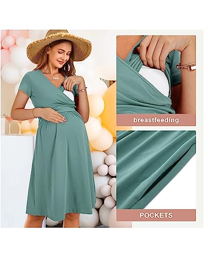 OUGES Women's Wrap V Neck Summer Casual Maternity Nursing Dress - color: Gray Blue, size: XX-Large