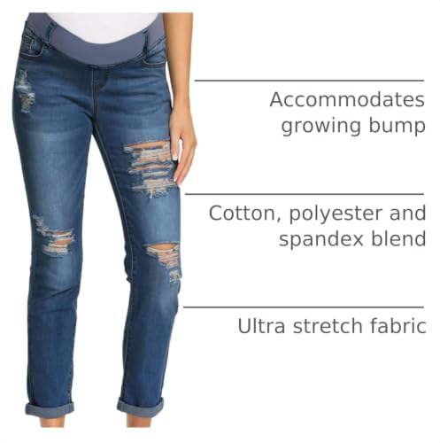 Foucome Women's Maternity Jeans Stretch Ripped Boyfriend Jeans - color: 066# - Dark Blue, size: Medium