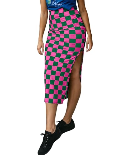 EARKOHA Womens Checkered Slit Midi Skirt Summer Fall Bodycon Long Skirts - color: B-rose, size: Small