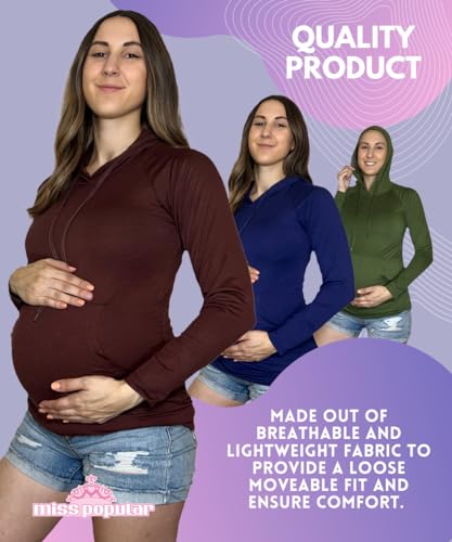 MISS POPULAR Womens Maternity Hoodie Ruched Side Long Sleeve Front Pocket Cozy Pregnancy Layering Sweatshirt - color: Maroon, size: Medium