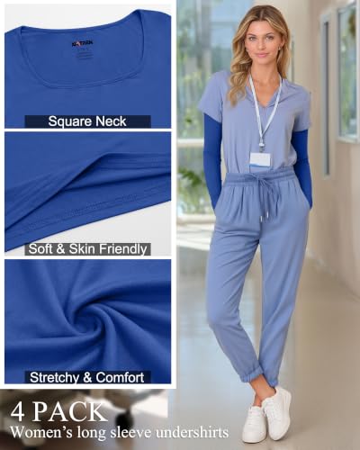 Xaatren 4 Pack Women's Underscrub Shirts Long Sleeve Tops - color: Black, Light Gray, White, Royal Blue, size: Small