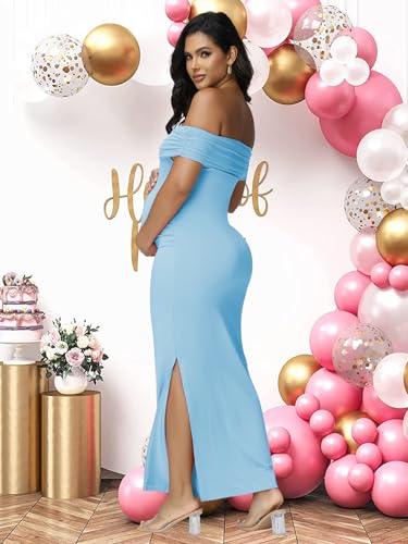 Women's Maternity Mesh Off Shoulder Party Long Dress Baby Shower - color: Blue, size: X-Large