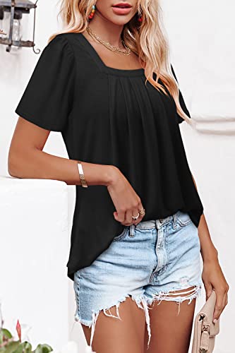 BETTE BOUTIK Womens Summer Tops Short Sleeve Pleated Square Neck Tunics Shirts Blouses S-3XL - color: 0-black, size: Medium
