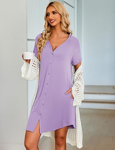 Ekouaer Nightgowns for Women Button Down Night Gown with Pockets - color: Lilac, size: Large