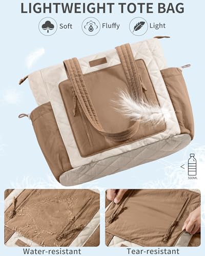 Bagstellar Puffer Tote Bag for Women, Lightweight Puffy Work Laptop Handbag - color: Cream-khaki