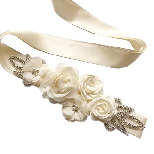 Huralona Wedding Sash Belt Satin Ribbon with Flowers Pearls Rhinestone - color: Ivory