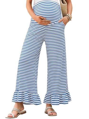 Yousify Womens Maternity Pants Ruffle Lounge Pregnancy Wide Leg Trousers - color: Blue White, size: XX-Large