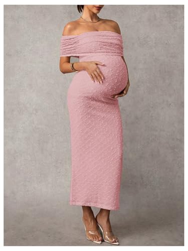 SweatyRocks Women's Maternity Off The Shoulder Dress Bodycon Maxi Dresses - color: Light Pink, size: Small
