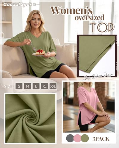 Huukeay 3 Pack Oversized Shirts for Women V Neck - color: Dark Gray, Rose Pink, Grass Green, size: Medium