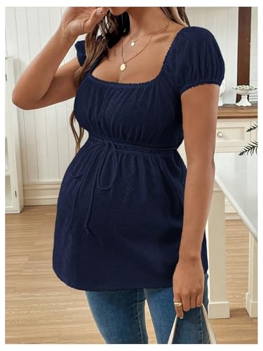 MakeMeChic Women's Maternity Blouse Tops Cute Shirt White Babydoll Tops - color: Blue, size: X-Large