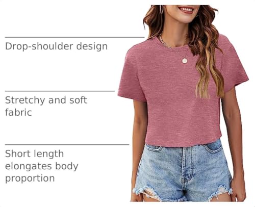 Womens Crop Tops Summer Short Sleeve Round Neck T-Shirts Loose Fit Blouse - color: B Brick Red, size: Medium