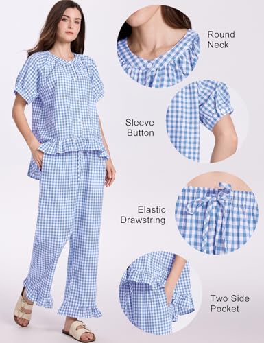 COZYPOIN 100% Cotton Pajamas for Women Set Cute Gingham Lounge Set - color: Blue, size: X-Small