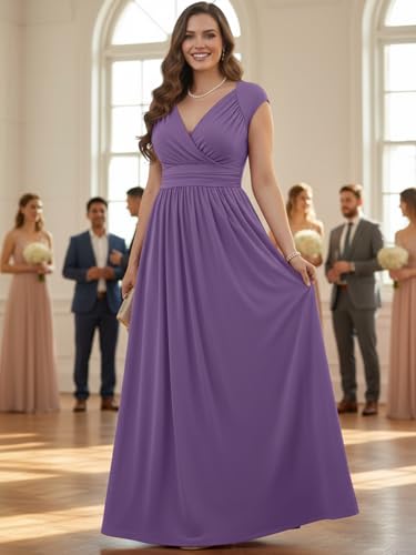 KOH KOH Womens Long Elegant Evening Bridesmaid Flowy Cap Sleeve Maxi Dress - color: Lavender Purple, size: Small