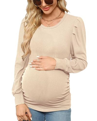Onedreamer Women's Maternity Shirts Crew Neck Long Sleeve Maternity Tops - color: Long Sleeve-apricot, size: Medium