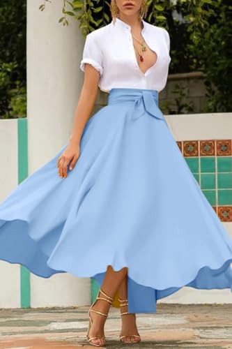 chouyatou Women's Elegant High Waisted Side Slit Irregular Bohemian Maxi Skirt with Pockets - color: Light Blue, size: Medium