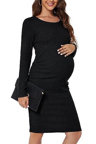 Smallshow Women's Knit Maternity Dress Long Sleeve Pregnancy Clothes - color: Black, size: Medium