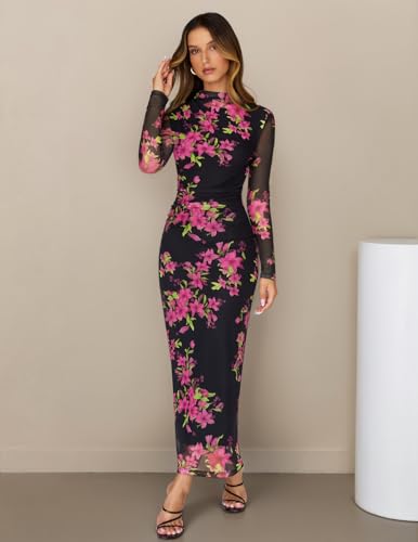 MEROKEETY Womens Fall Long Sleeve Floral Wedding Guest Maxi Dress - color: Black, size: Small