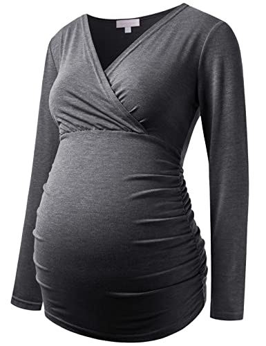 Maternity Shirt Long Sleeve Top Wrap V Neck Blouse Cross Over Nursing Tshirt - color: Dark Grey, size: Medium