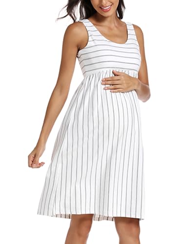 Ecavus Maternity Tank Dress, Striped Block Sleeveless for Baby Showe - color: White Grey Stripe, size: Small