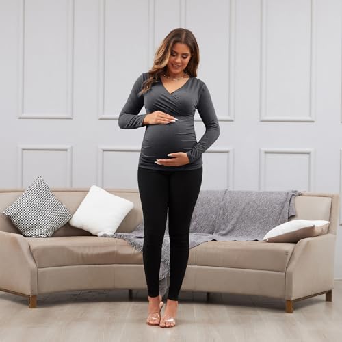 Maternity Shirt Long Sleeve Top Wrap V Neck Blouse Cross Over Nursing Tshirt - color: Dark Grey, size: Medium