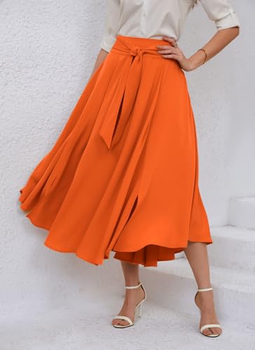 chouyatou Women's Elegant High Waisted Side Slit Irregular Bohemian Maxi Skirt with Pockets - color: Orange, size: X-Small