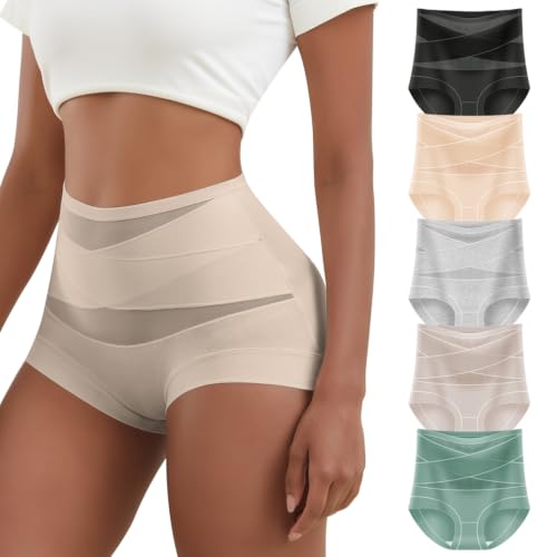 Womens Cotton Underwear High Waisted Panties Full Coverage Boxer Briefs - color: Brown,gray,green,nude,black, size: Large