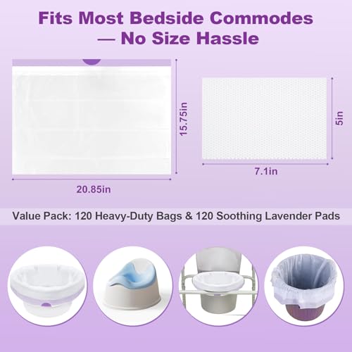Bedside Commode Liners with Absorbent Pads, 120 Disposable Commode Bags,120 Lavender Scented Commode Pads, Adult Potty Chair Liners, Portable Commode Poop Bag for Commode Chair, Bedpan, Bucket Toilet - color: 120 Liners + 120 Pads
