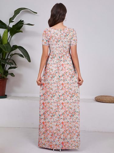 DEARCASE Maxi Dress for Women Short Sleeve Casual Summer Loose Plain Comfy Long Dresses with Pockets - color: 1-black Yellow Pink Chrysanthemum, size: Large