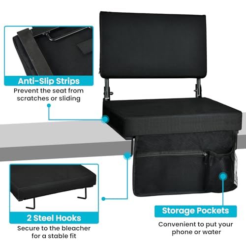 Stadium Seats with Back Support(16.5”L × 13.4”W × 15”H), 360° Adjustable Backrest Stadium Chair with Shoulder Strap & Storage Pouch, Foldable Padded Bleacher Seats for Sports Events