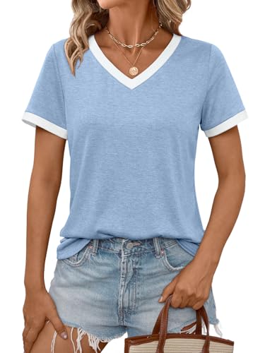 AUTOMET Womens Short Sleeve T-Shirts V Neck Summer Tops Comfy Clothes 2026 - color: Blue, size: X-Large