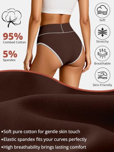 Women’s Cotton Underwear, High Waist, Full Coverage Briefs, 5 Pack - color: Black/Coffee Brown/Camel/Deep Apricot/Heather Gray, size: 4X-Large