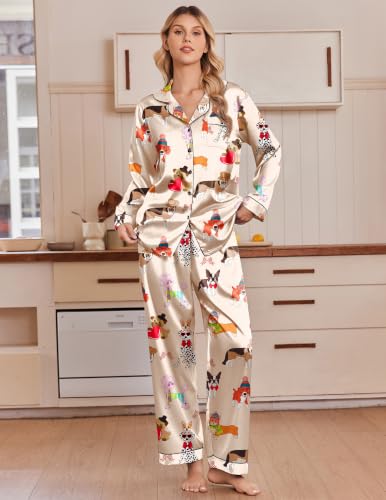 Ekouaer Silk Satin Pajamas for Womens Button Up Long Sleeve Pjs Lounge Set - color: Dog Print, size: Large