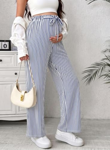 BLENCOT Striped Maternity Pants Tie Waist Fall Pregnancy Postpartum Outfits - color: Blue, size: Small