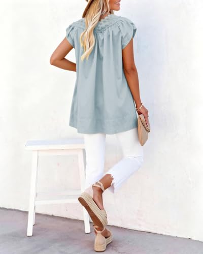 Senllen Womens V Neck Babydoll Tops Puff Short Sleeve Flowy Tunic Shirts - color: Pastel Blue, size: Medium