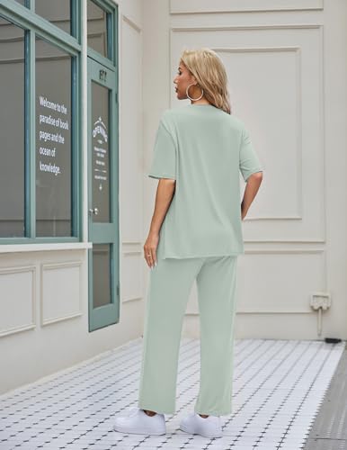 Ekouaer Women's Lounge Sets Short Sleeve Top Long Pants 2 Piece Outfit Set - color: Light Pink&light Green, size: X-Large