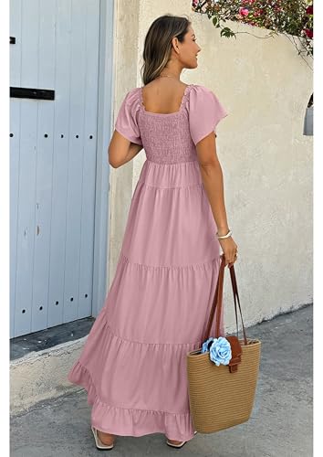 ECOWISH Womens Summer Maxi Dress 2026 Flutter Short Sleeve V Neck Tie Front Wedding Guest Vacation Tiered Flowy Dresses - color: Pink, size: Medium