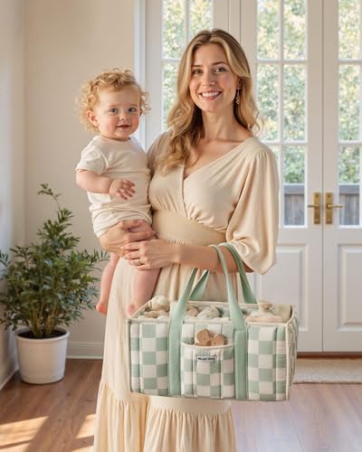 Blissful Diary Checkered Diaper Caddy Organizer, Storage Basket, Sage Green - color: Checkered Sage Green