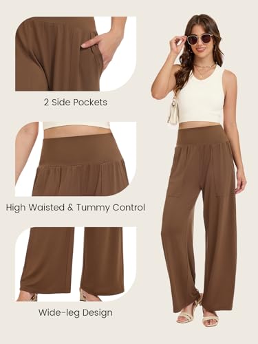 Wide Leg Pants Women Stretchy Sweatpants High Waisted Palazzo Pants - color: Brown, size: Medium