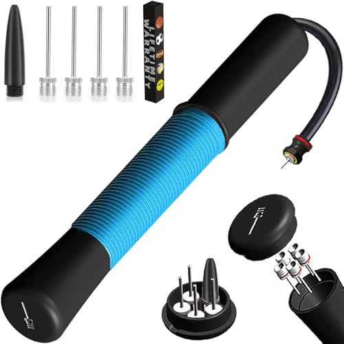 Ball Pump with Needle Storage, 5 Needles & Extension Hose for Sports Balls - color: Blue