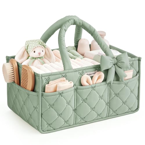 Blissful Diary Baby Diaper Caddy Organizer, Nursery Basket, Bow Sage Green - color: Bow Sage Green