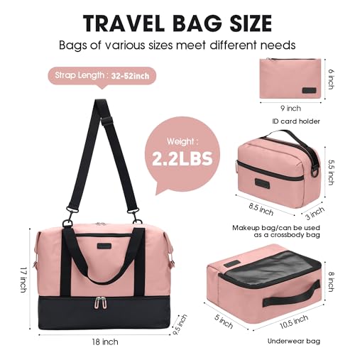 Oeihuivt Weekender Bags for Women with 3 Extra Pack - 21 Inch Large Travel Duffel Bag Set with Shoe Compartment, Heavy-Duty nylon Carry On Overnight Tote Black+Pink - color: BlackPink+3 Extra Packs
