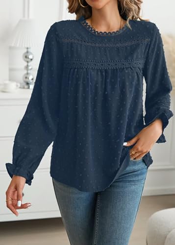 Falechay Boho Tops for Women Ruffle Long Sleeve Crewneck Swiss Dot Shirts - color: Blue, size: Large