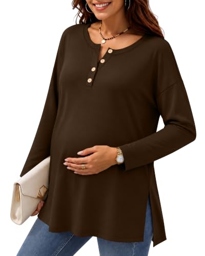Ficerd Women Maternity Shirt Pregnant Long Sleeve Henley Top - color: Brown, size: Medium