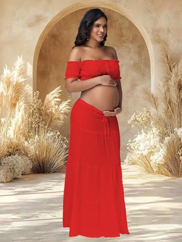 Maternity Boho 2 Piece Outfits Dress for Photoshoot Baby Shower - color: Red, size: Large