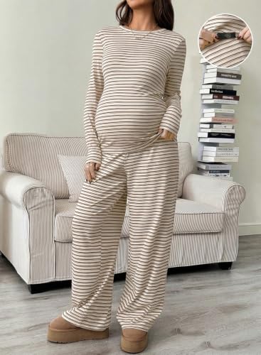 BLENCOT Maternity 2 Piece Outfits Striped Long Sleeve Pregnancy Set - color: Apricot, size: Large