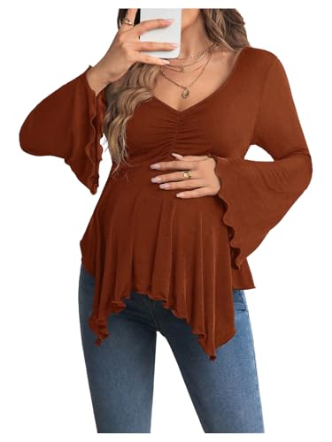 BEAUDRM Women's Maternity Shirts Bell Long Sleeve Pregnancy Tops Ruched V Neck Asymmetrical T-Shirt - color: Rust Brown, size: Medium